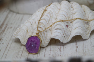 Pink Geode Druzy Agate Crystal Gold Necklace
