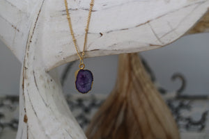 Purple Geode Druzy Agate Crystal Gold Necklace