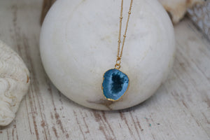 Blue Geode Druzy Agate Crystal Gold Necklace