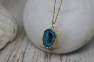Blue Geode Druzy Agate Crystal Gold Necklace