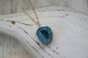 Blue Geode Druzy Agate Crystal Gold Necklace