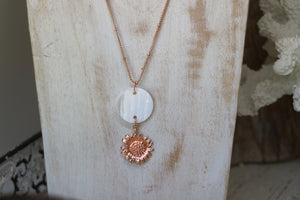 Mother of Pearl Shell Rose Gold Necklace with Rose Gold Sunflower