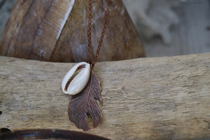 Bohemian copper feather and cowrie shell necklace