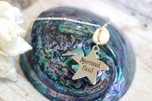 Silver cowrie shell and mermaid soul starfish pendant necklace