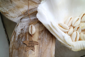Rose gold cowrie shell and wish upon a starfish pendant necklace