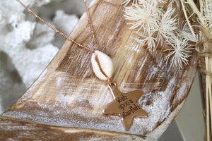 Rose gold cowrie shell and wish upon a starfish pendant necklace