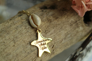 Gold cowrie shell and mermaid kisses & starfish wishes starfish pendant necklace