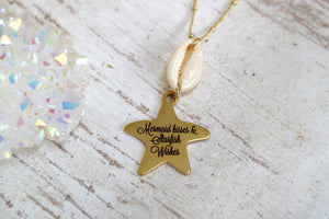 Gold cowrie shell and mermaid kisses & starfish wishes starfish pendant necklace