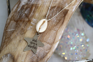 Silver cowrie shell and wish upon a starfish pendant necklace