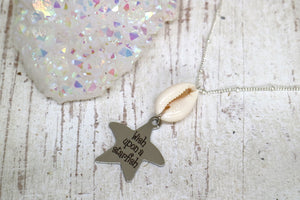 Silver cowrie shell and wish upon a starfish pendant necklace