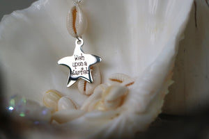 Silver cowrie shell and wish upon a starfish pendant necklace