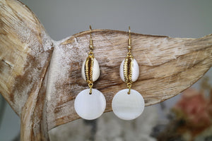 Gold pearl and cowrie shell earrings