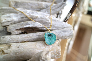 Green Geode Druzy Agate Crystal Gold Necklace