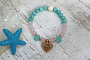 Childrens rose quartz and amazonite bead bracelet with rose gold beach girl charm
