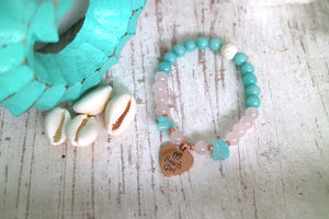 Childrens rose quartz and amazonite bead bracelet with rose gold beach girl charm