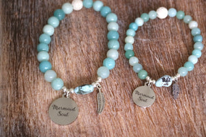 Mother and daugher Amazonite and larimar gemstone bead bracelet set with silver mermaid soul and feather charms