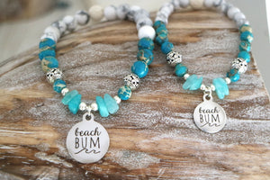 Blue sea jasper and white howlite and amazonite bracelet with silver beach bum charm