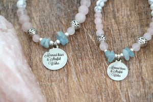Rose quartz and white howlite and aquamarine bead bracelet with silver charm