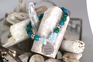 Lapis Lazuli and aquamarine bead bracelet with beach gypsy soul silver charm