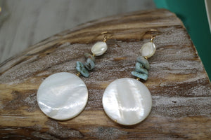 Pearl shell and larimar gemtone gold earrings