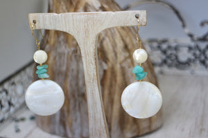 Pearl shell and amazonite gemstone gold earrings