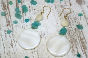 Pearl shell and amazonite gemstone gold earrings