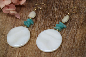 Pearl shell and amazonite gemstone gold earrings