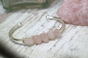Rose quartz silver cuff bangle