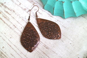 Bohemian floral engraved copper earrings