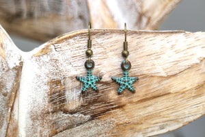 Bronze blue patina starfish earrings