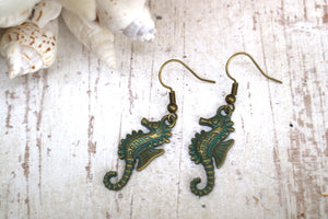 Bronze green patina seahorse earrings