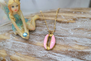 Children's pink cowrie shell gold necklace