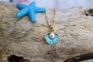 Children's blue and gold shell and pearl necklace