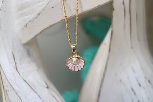 Children's baby pink and gold shell necklace with pearl