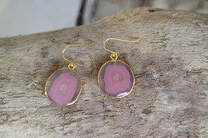 Pink agate gold earrings