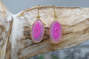 Pink agate gemstone gold earrings