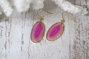 Pink agate gemstone gold earrings