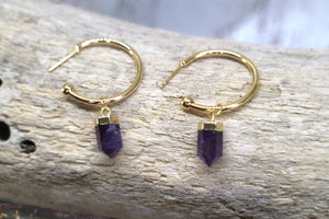 Amethyst crystal point gold hoop earrings