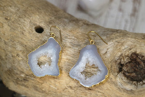Grey geode druzy agate gold earrings