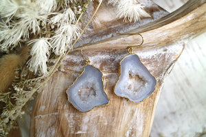 Grey geode druzy agate gold earrings