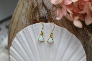 White opal gold triangle earrings