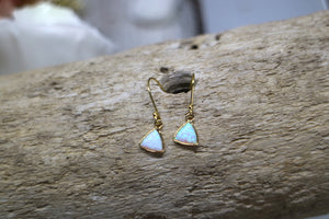 White opal gold triangle earrings