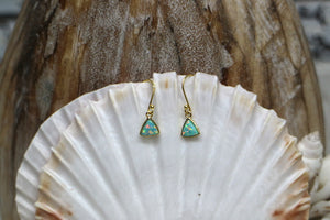 Aqua blue opal triangle gold earrings