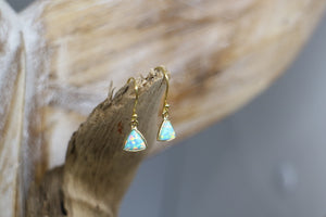 Aqua blue opal triangle gold earrings
