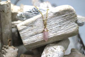 Rose quartz crystal point gold necklace