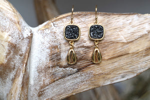 Black druzy quartz and gold cowrie shell earrings