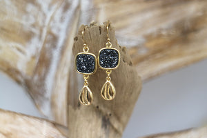 Black druzy quartz and gold cowrie shell earrings