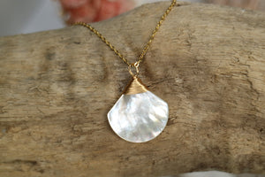 White shell wire wrapped gold necklace