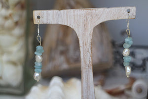Fresh water pearls and aquamarine silver earrings