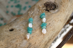 Fresh water pearls and amazonite gold earrings